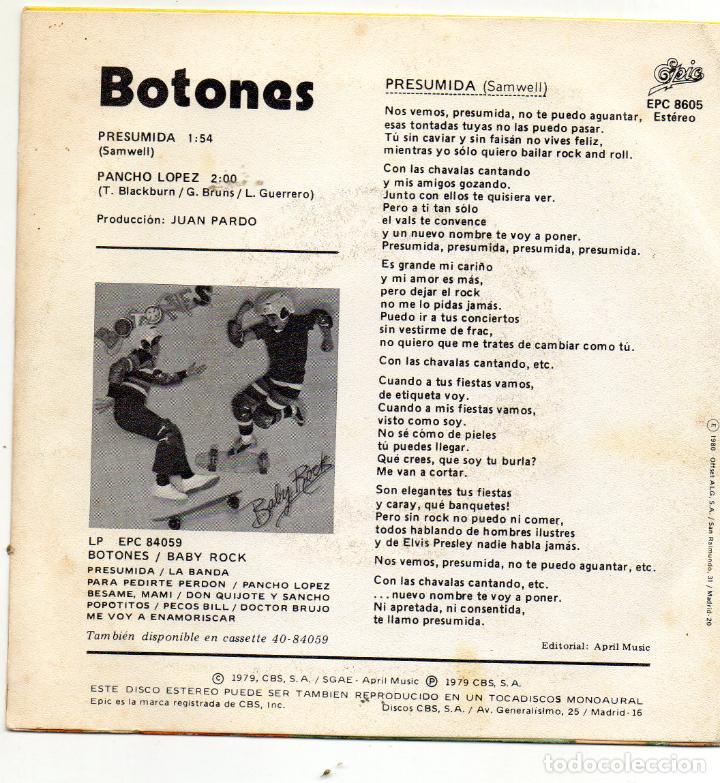 Discos de vinilo: BOTONES - PRESUMIDA - SINGLE - 1979 - - Foto 2