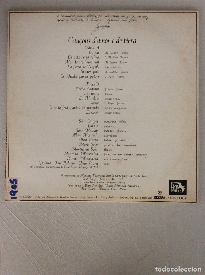Discos de vinilo: Josiana. Can&ccedil;ons d&rsquo;amor e de t&egrave;rra - Foto 2