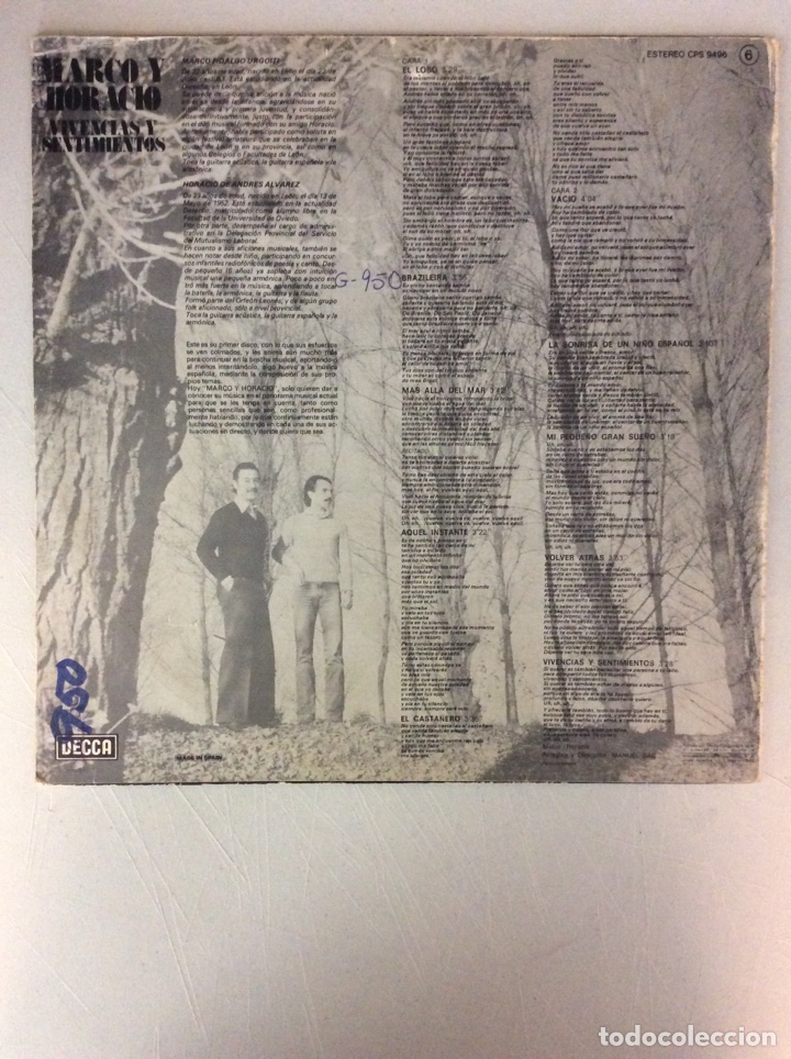 Discos de vinilo: Marco y Horacio. Vivencias y sentimientos. - Foto 2