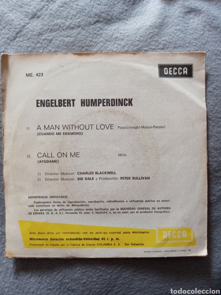 Discos de vinilo: Engelbert Humperdinck- A man without love ..disco vinilo single - Foto 2