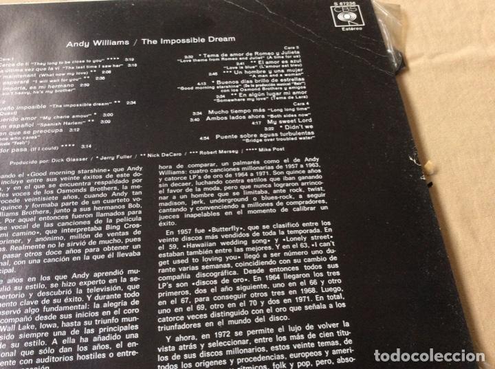 Discos de vinilo: ANDY WILLIAMS - THE IMPOSSIBLE DREAM - 2 LP. Carpeta abierta. - Foto 3