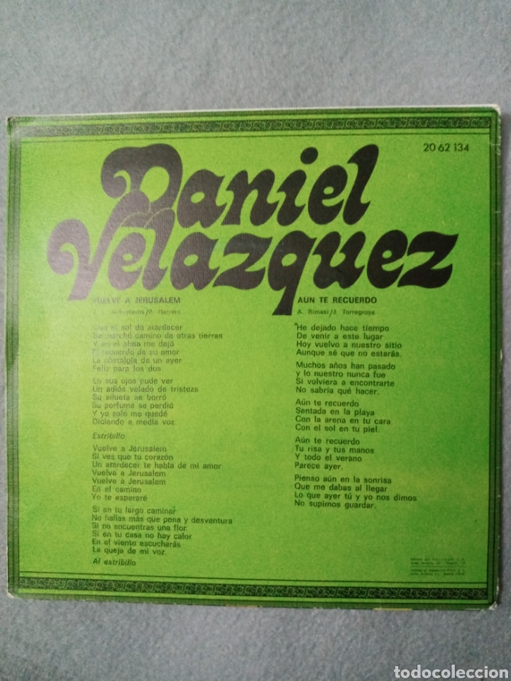 Discos de vinilo: Daniel Velazquez-vuelve a Jerusalem..disco vinilo single - Foto 2