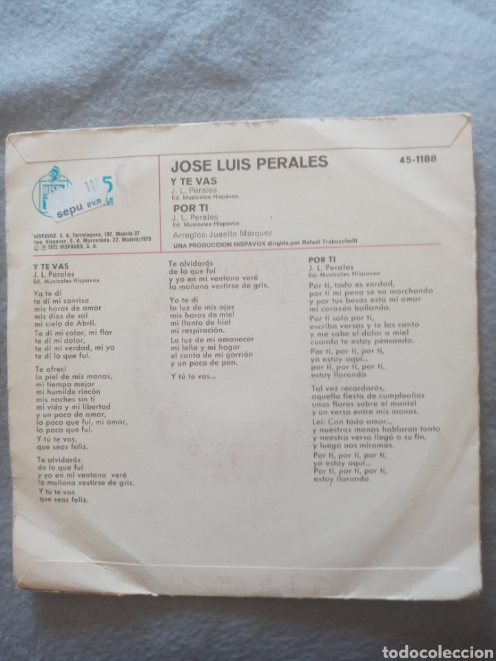 Discos de vinilo: Jose Luis Perales-y te vas..disco vinilo single - Foto 2