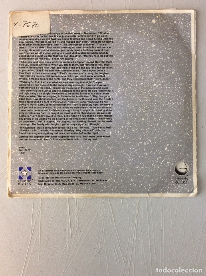 Discos de vinilo: Yoko Ono. Walking on thin ice - for John. - Foto 2