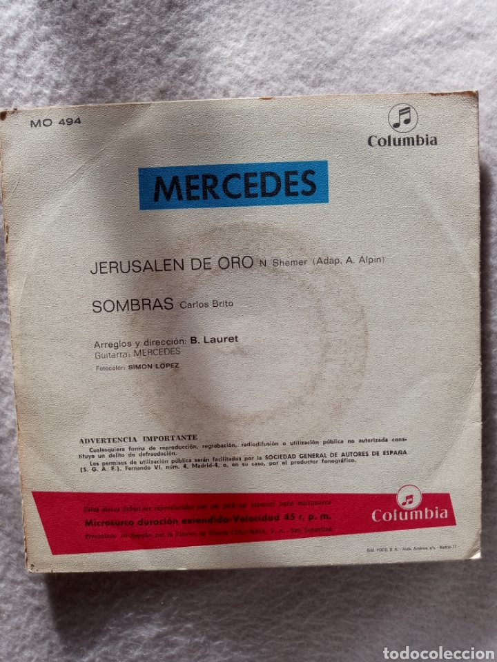Discos de vinilo: Mercedes-Jerusalen de oro..disco vinilo single - Foto 2