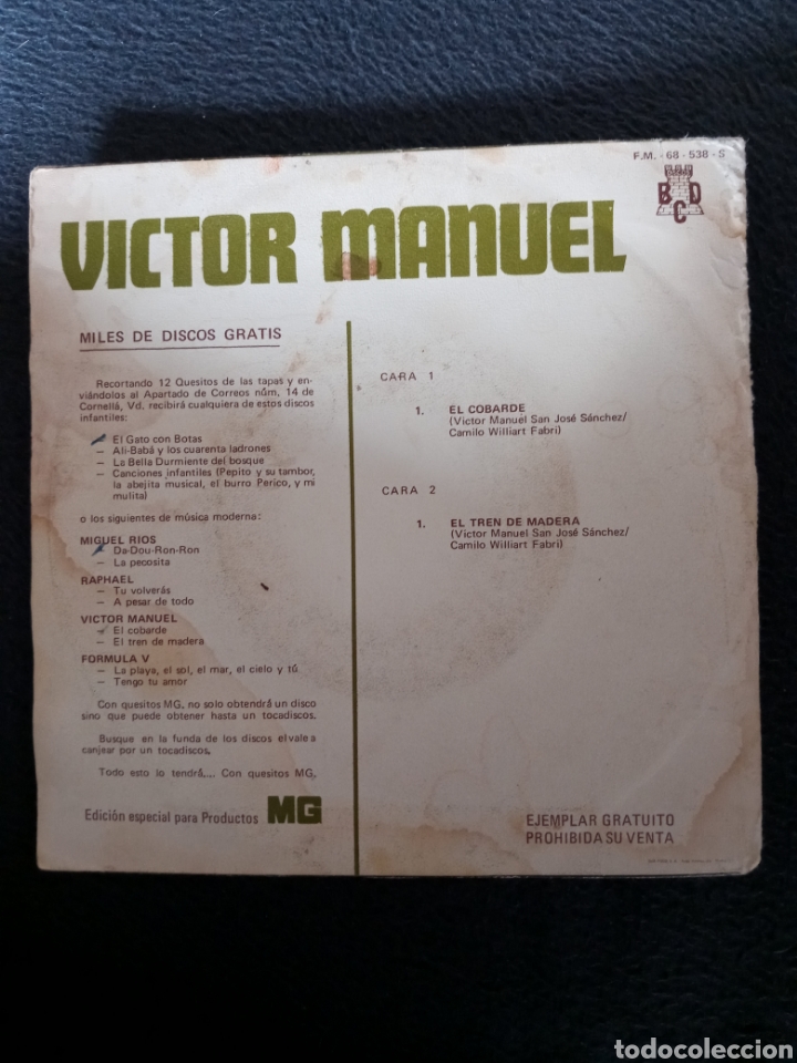 Discos de vinilo: Victor Manuel-el cobarde..disco vinilo single - Foto 2