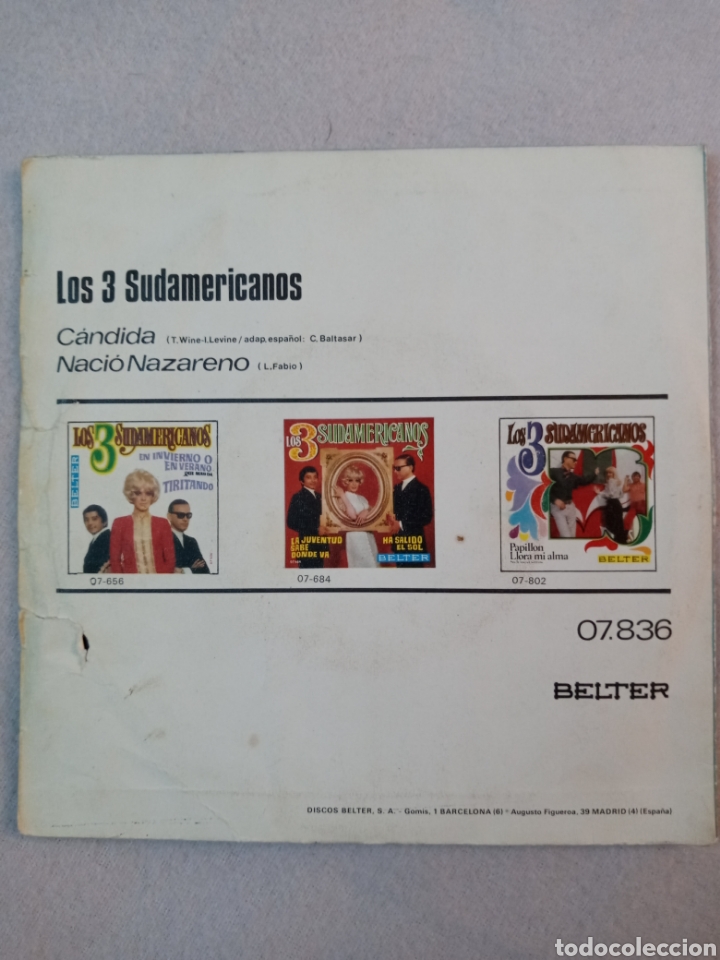 Discos de vinilo: Los 3 Sudamericanos-Candida..disco vinilo single - Foto 2