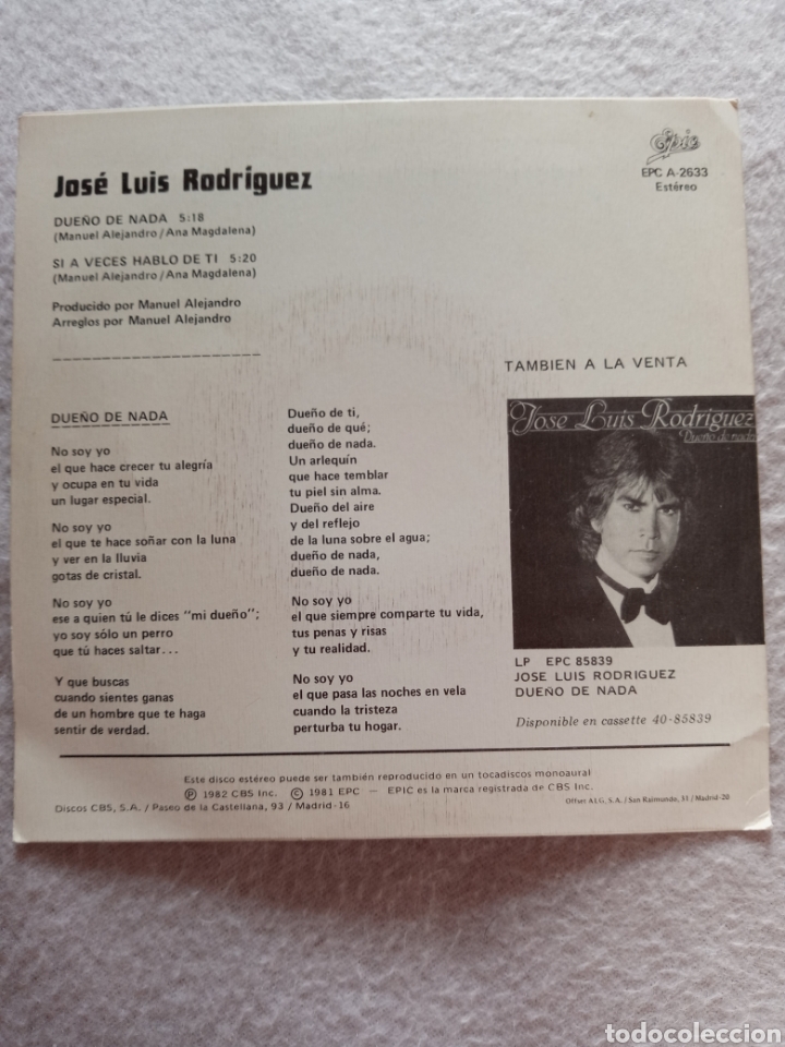 Discos de vinilo: Jose Luis Rodriguez-due&ntilde;o de nada..disco vinilo single - Foto 2