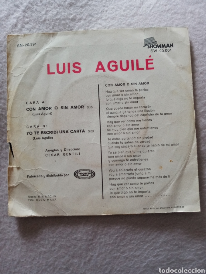 Discos de vinilo: Luis Aguile-con amor o sin amor..disco vinilo single - Foto 2