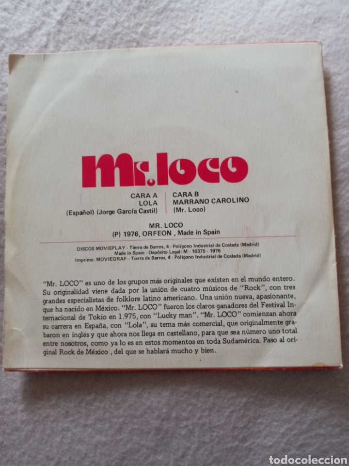 Discos de vinilo: Mr.Loco-lola..disco vinilo single - Foto 2