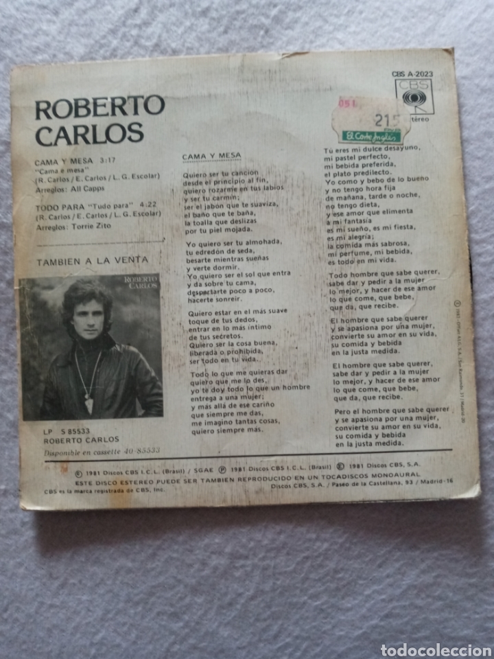 Discos de vinilo: Roberto Carlos-cama y mesa..disco vinilo single - Foto 2