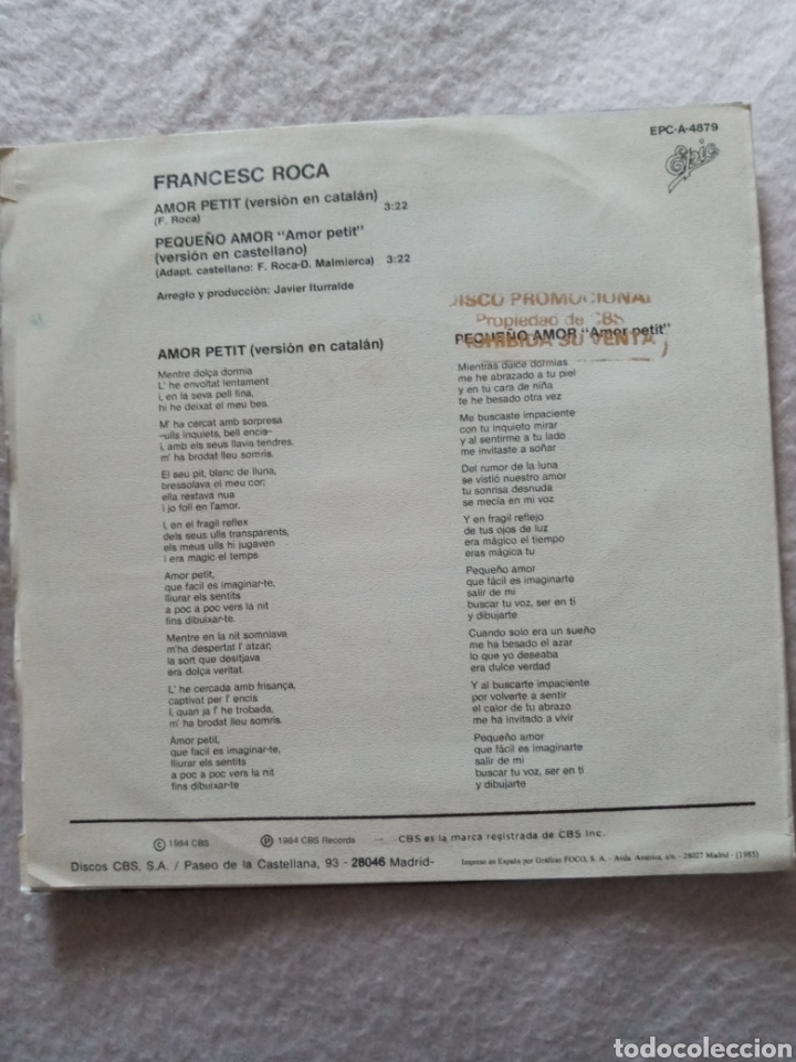 Discos de vinilo: Francesc Roca-amor petit..disco vinilo single - Foto 2