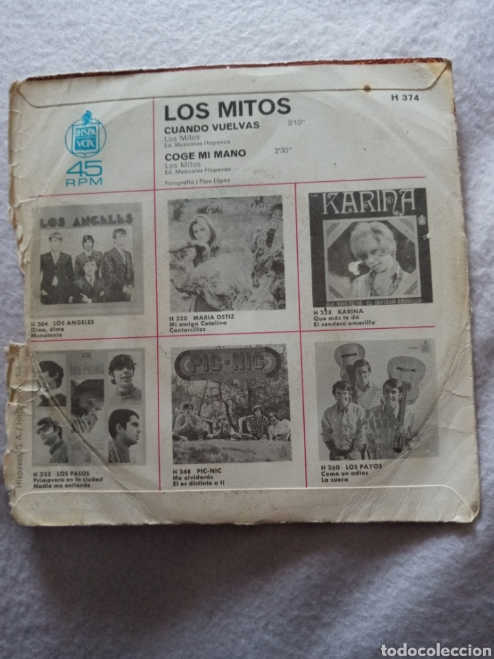 Discos de vinilo: Los Mitos-cuando vuelvas..disco vinilo single - Foto 2