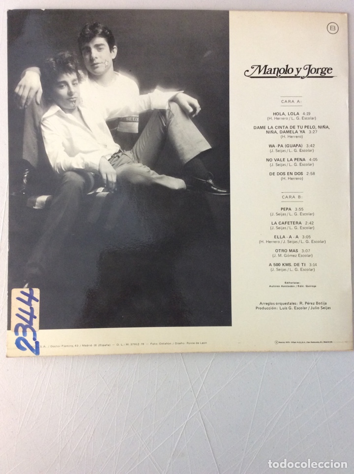 Discos de vinilo: Manolo y Jorge. Hola, Lola. - Foto 2