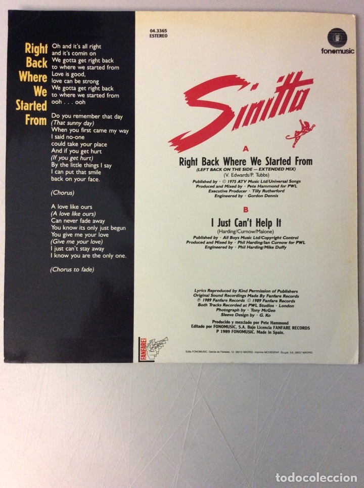 Discos de vinilo: Sinitta. Right back where we started from. I just can&rsquo;t help it. - Foto 2