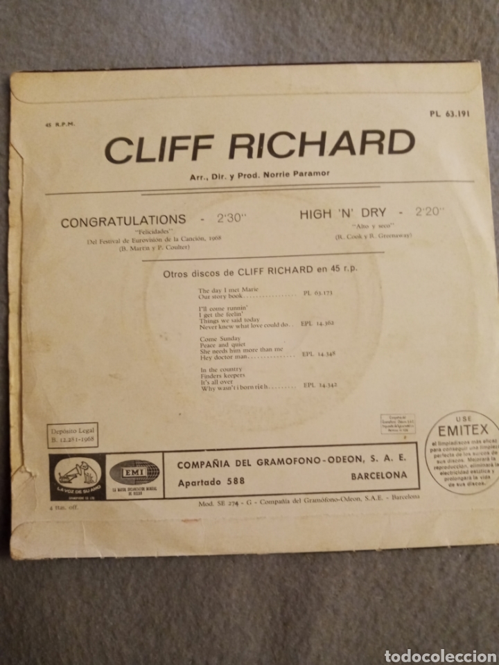 Discos de vinilo: Cliff Richard-congratulations..disco vinilo single - Foto 2