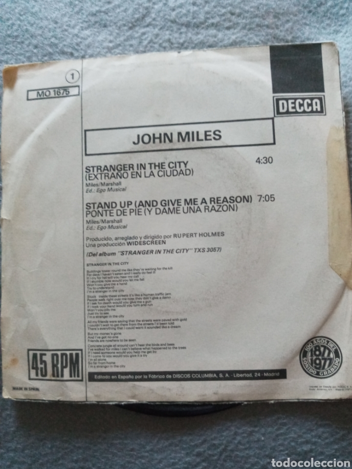 Discos de vinilo: John Miles-extra&ntilde;o en la ciudad..disco vinilo single - Foto 2
