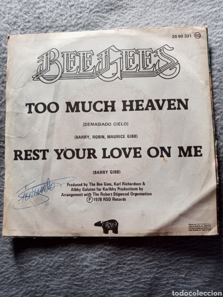 Discos de vinilo: Bee Gees-too much heaven..disco vinilo single - Foto 2