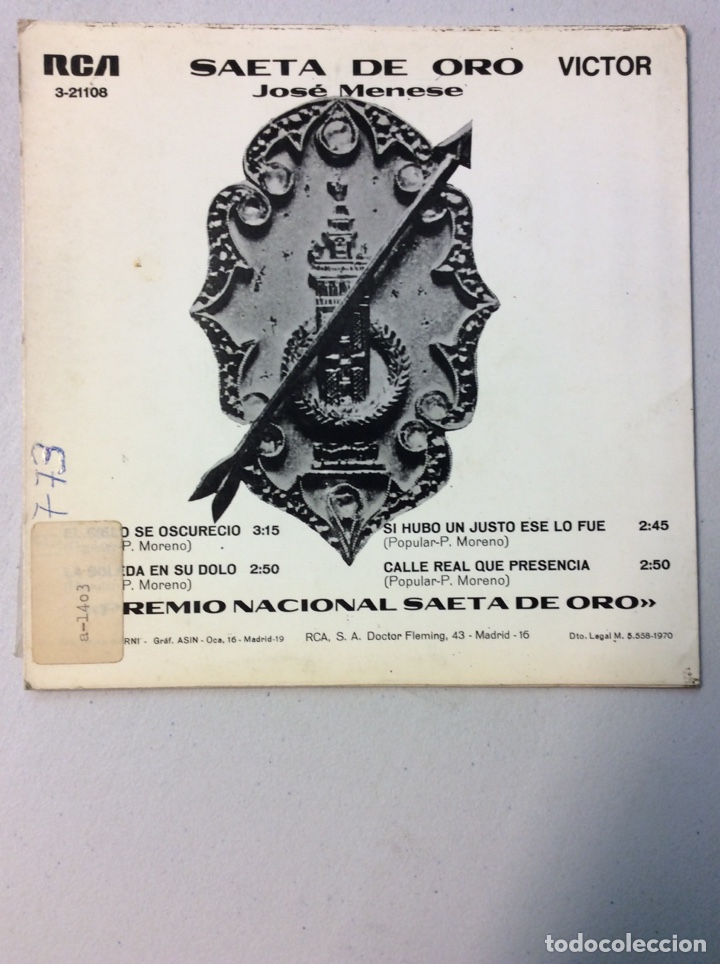Discos de vinilo: Jose Menese. Saeta de oro. - Foto 2