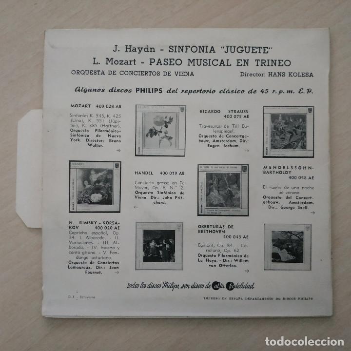 Discos de vinilo: J. HAYDN (SINFONIA JUGUETE) / L. MOZART (PASEO MUSICAL EN TRINEO) SINGLE PHILIPS 1959 (COMO NUEVO) - Foto 2 - 312306168