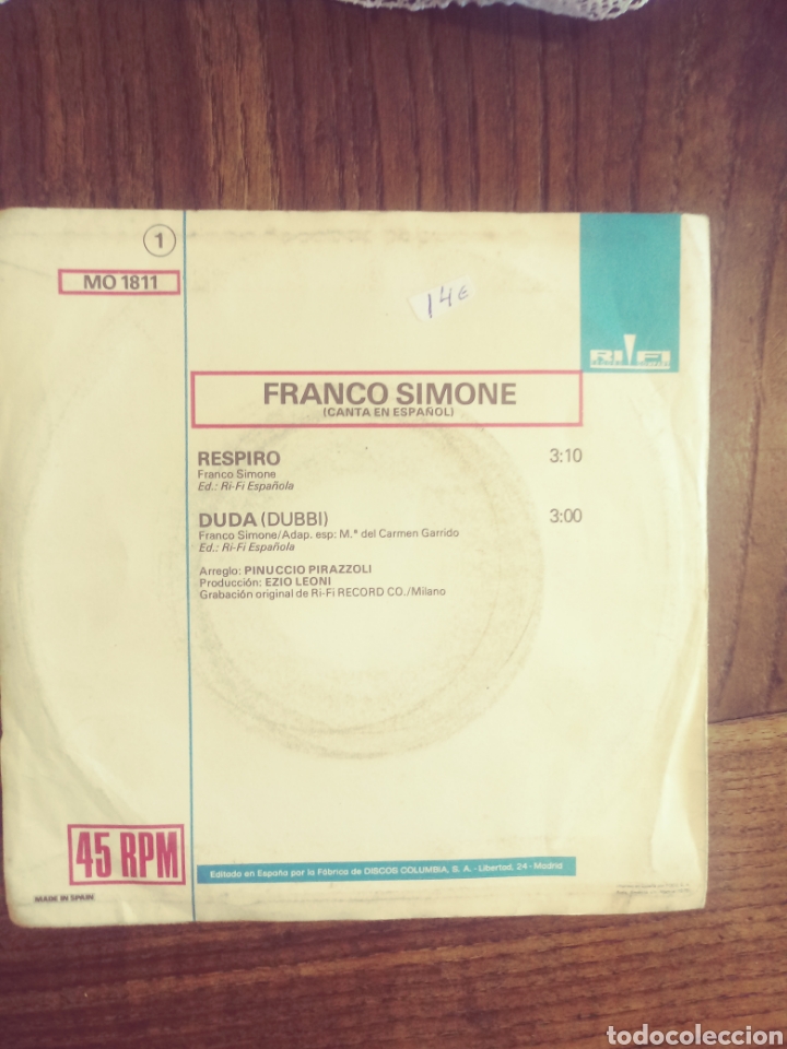 Discos de vinilo: Disco de vinilo Franco Simone. &rdquo;Respiro &rdquo; - Foto 2