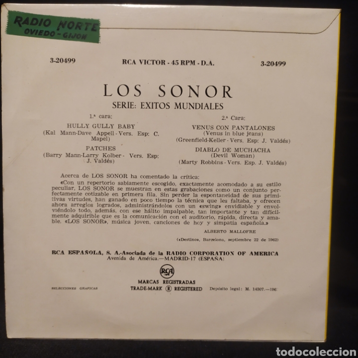 Discos de vinilo: Los Sonor - Serie: Exitos Mundiales 1962 - Foto 2