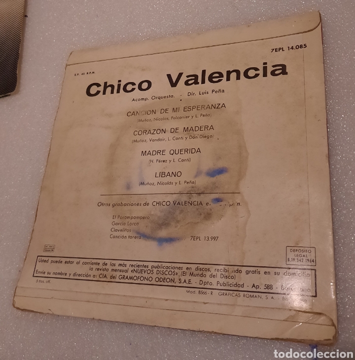 Discos de vinilo: Chico valencia - canci&oacute;n de mi esperanza + 3 - Foto 3
