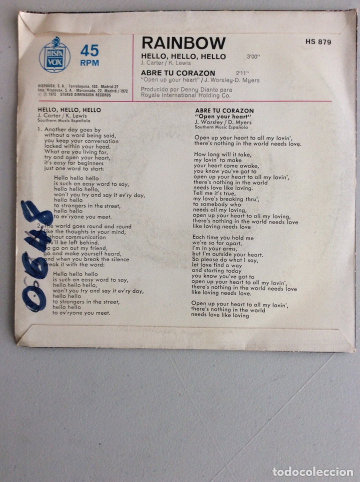 Discos de vinilo: Rainbow. Hello, hello, hello. Abre tu coraz&oacute;n. - Foto 2