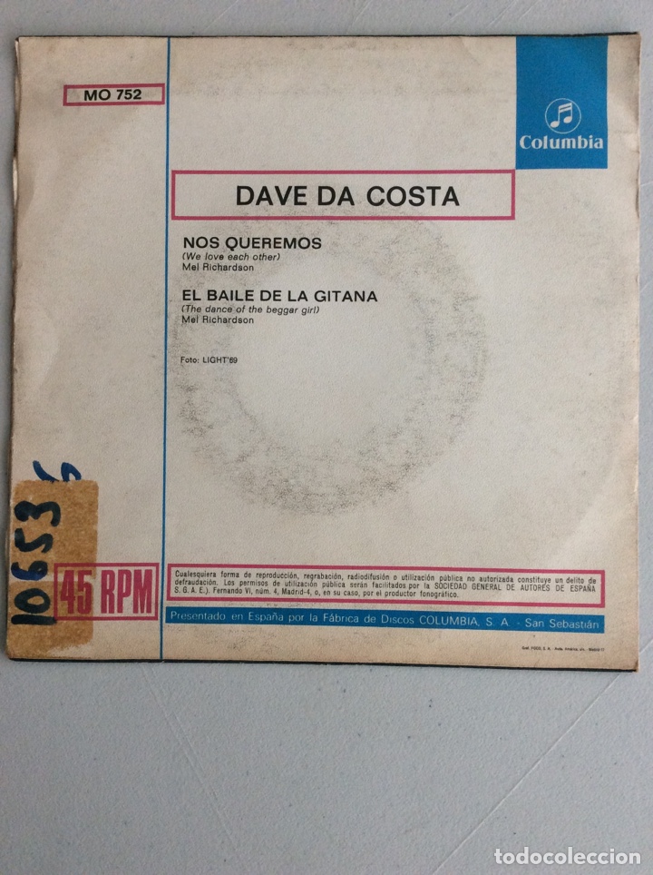 Discos de vinilo: Dave da Costa. Nos queremos. El baile de la gitana - Foto 2