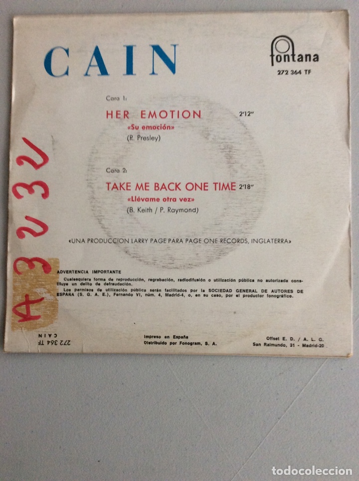 Discos de vinilo: Cain. Her emotion. Take me back one time. - Foto 2