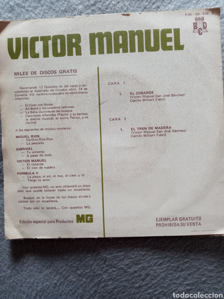 Discos de vinilo: Victor Manuel-el cobarde..disco vinilo single - Foto 2