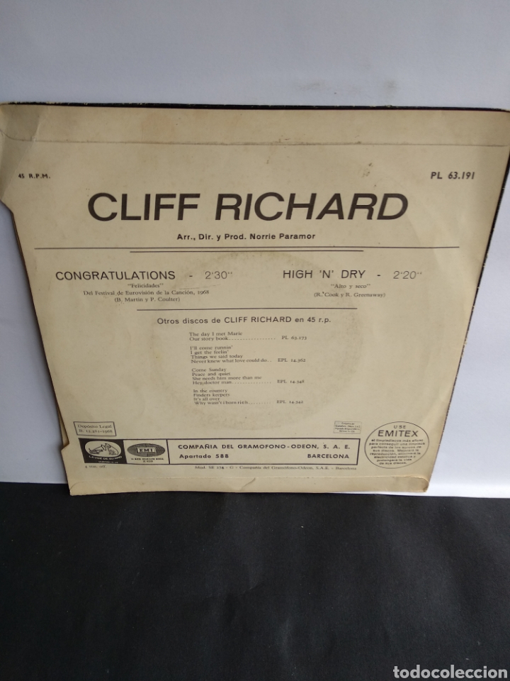 Discos de vinilo: *CLIFF RICHARD, CONGRATULATIONS, 1968 - Foto 2