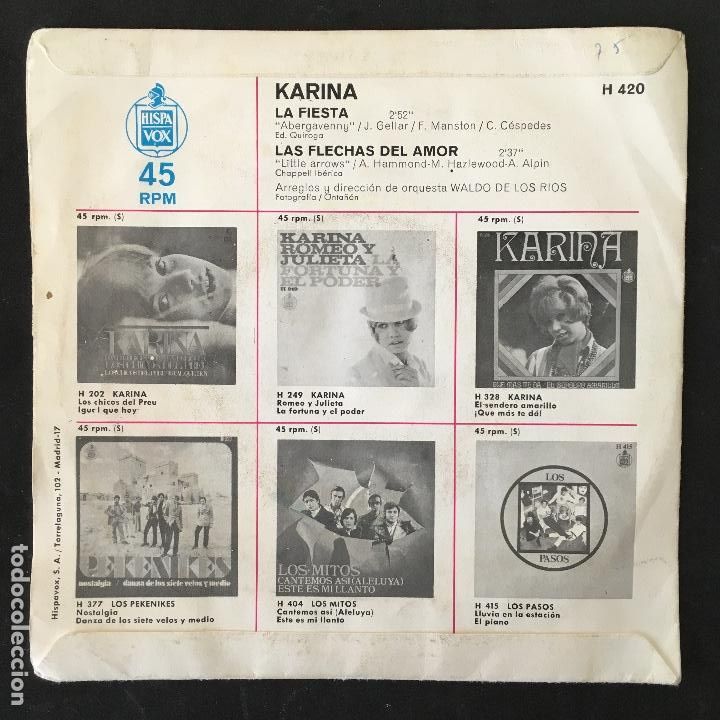 Discos de vinilo: VINILO SINGLE - KARINA - LA FIESTA LAS FLECHAS DE AMOR - H420 HISPAVOX - Foto 2