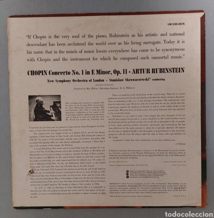 Discos de vinilo: DISCO DE VINILO. RUBINSTEIN. CHOPIN CONCERTO NO . 1 - Foto 2