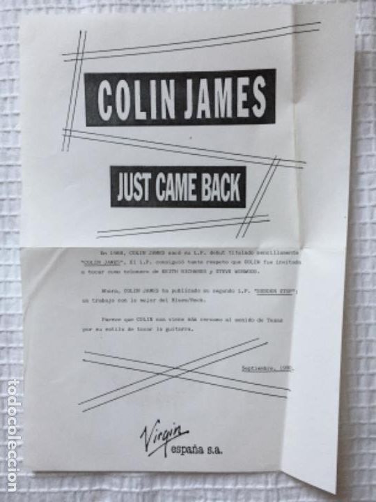 Discos de vinilo: COLIN JAMES. Just came back (vinilo single 1990) - Foto 5
