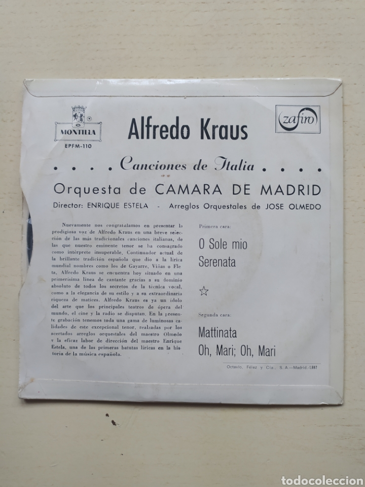 Discos de vinilo: Single Alfredo Kraus 1959 - Foto 2