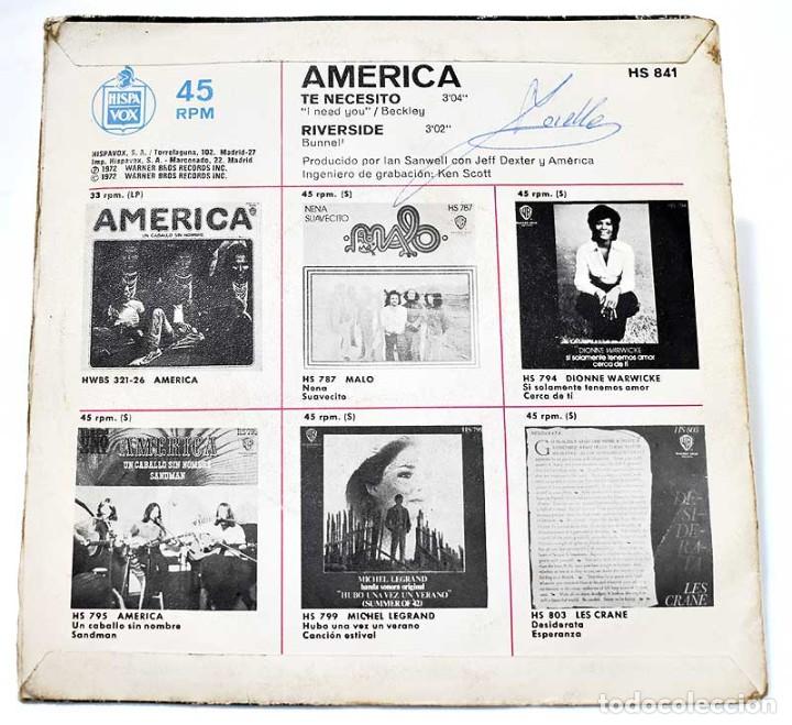 Discos de vinilo: America - Te necesito / Riverside. Single - Foto 2
