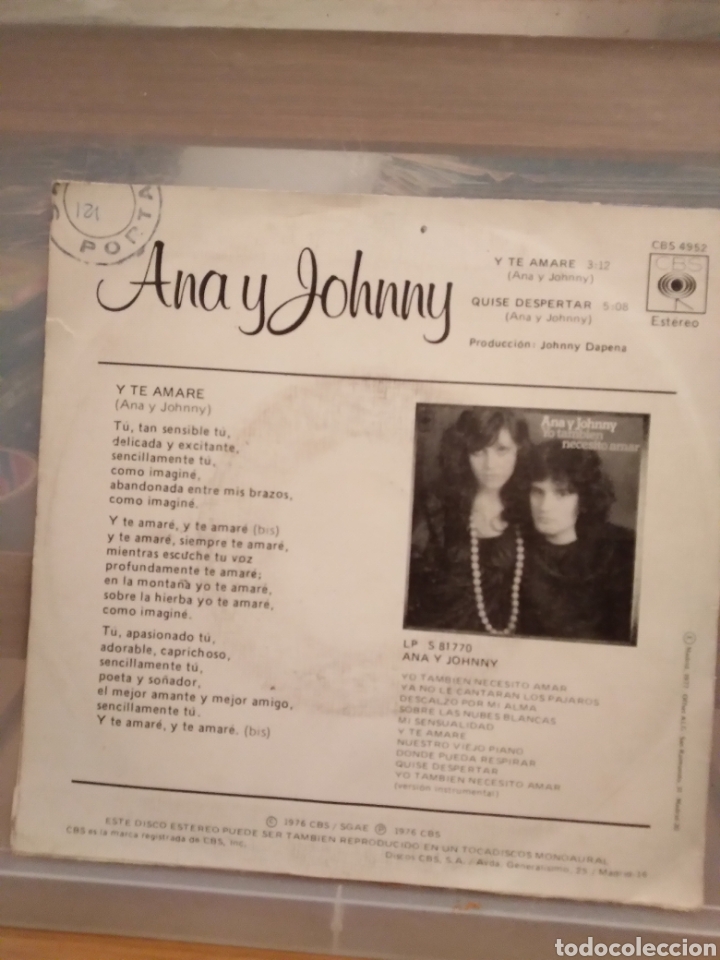 Discos de vinilo: ANA Y JOHNNY &rdquo;Y TE AMARE&rdquo; ES.76 - Foto 2