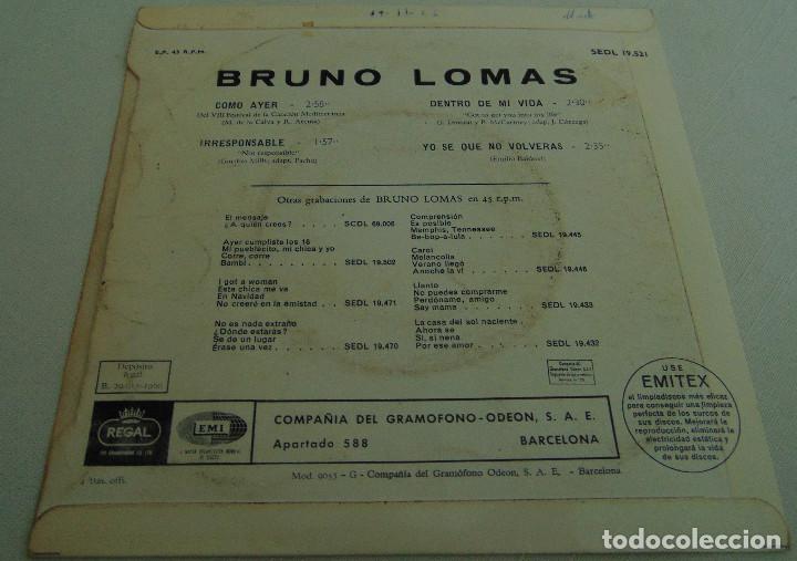 Discos de vinilo: BRUNO LOMAS - COMO AYER + 3 - EP 1966 - Foto 2