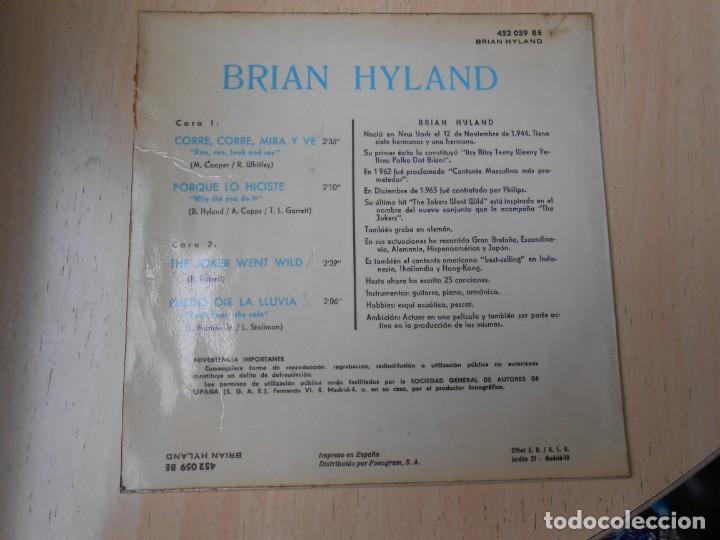 Discos de vinilo: BRIAN HYLAND, EP, CORRE, CORRE, MIRA Y VE + 3, A&Ntilde;O 1966, PHILIPS 452.059 BE - Foto 2