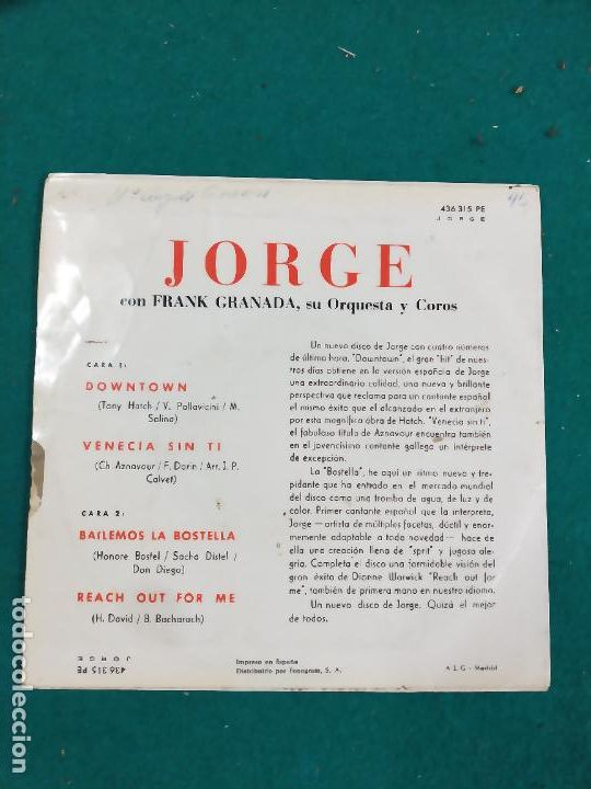 Discos de vinilo: JORGE - DOWNTOWN + 3 - EP PHILIPS 1965 - Foto 2