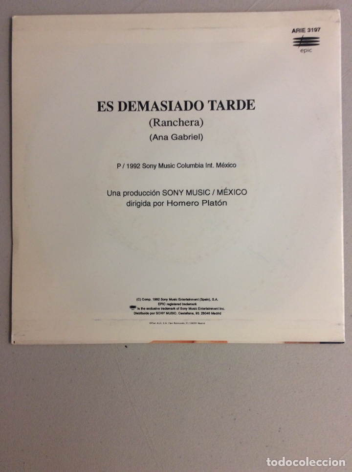 Discos de vinilo: Ana Gabriel. Es demasiado tarde. - Foto 2