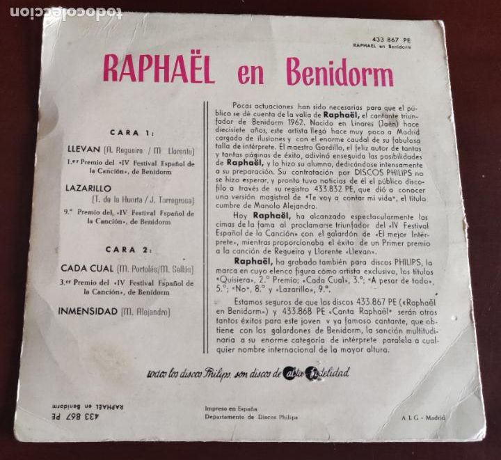 Discos de vinilo: RAPHAEL EN BENIDORM - LAZARILLO + 3.EP.S - 1963 - Foto 2