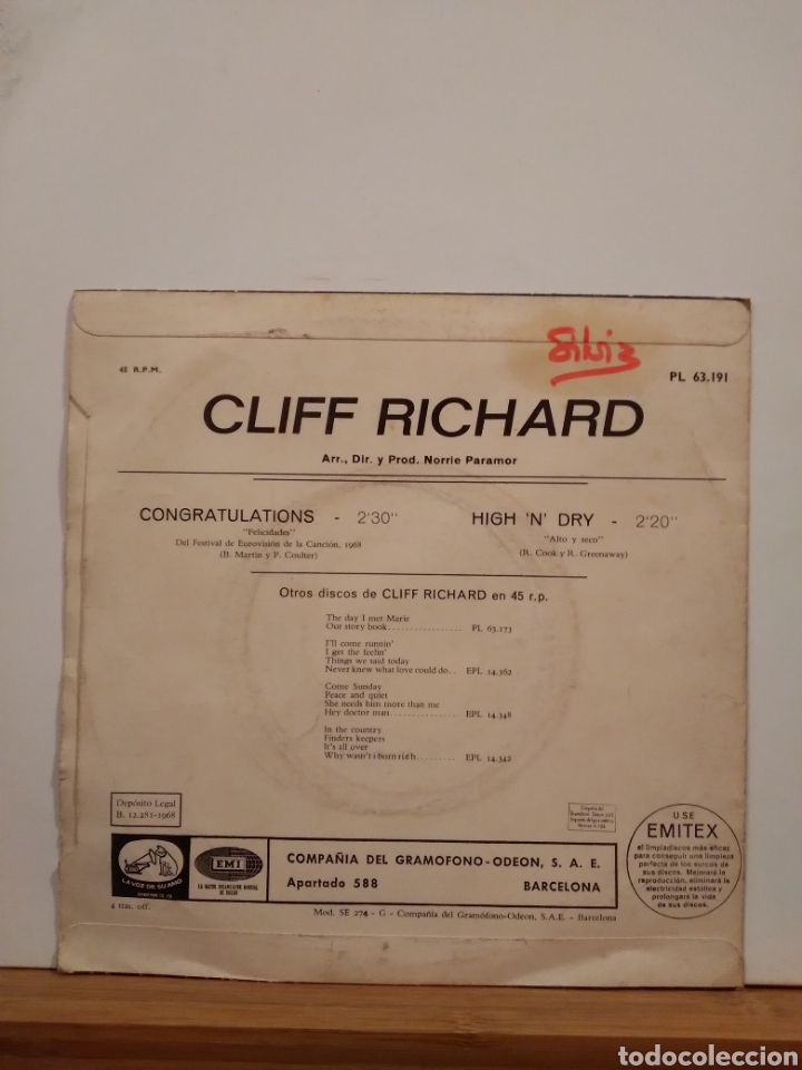Discos de vinilo: CLIFF RICHARD - CONGRATULATIONS - ES.68 - Foto 2