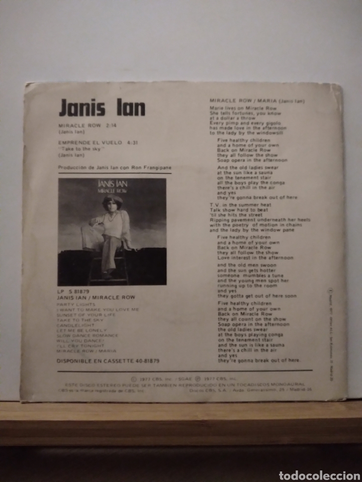 Discos de vinilo: JANIS IAN - MIRACLE ROW - ES.77 - Foto 2