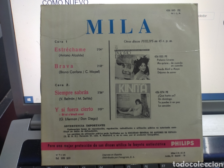 Discos de vinilo: Mila ep estrechame + 3 1967 - Foto 2