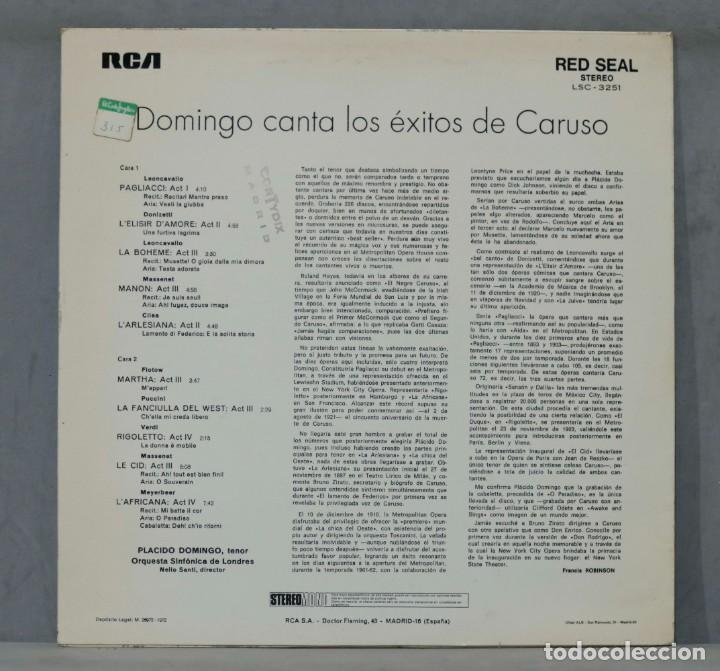 Discos de vinilo: LP. DOMINGO CANTA LOS EXITOS DE CARUSO - Foto 2