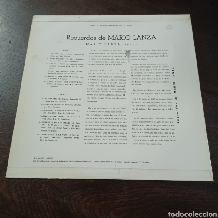 Discos de vinilo: RECUERDPS DE MARIO LANZA 1959 RCA - Foto 2