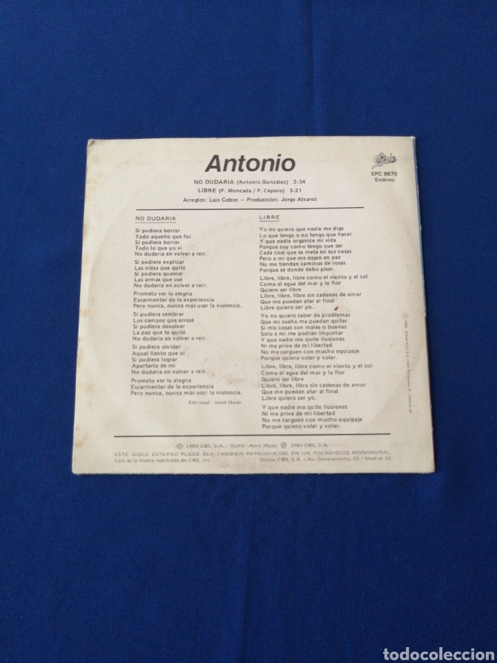 Discos de vinilo: ANTONIO - NO DUDAR&Iacute;A - Foto 2