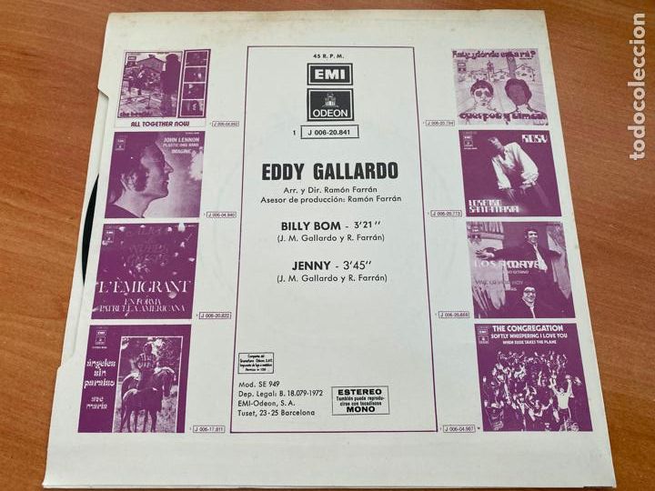 Discos de vinilo: EDDY GALLARDO (BILLY BOM) SINGLE ESPA&Ntilde;A 1972 (EPI10) - Foto 3